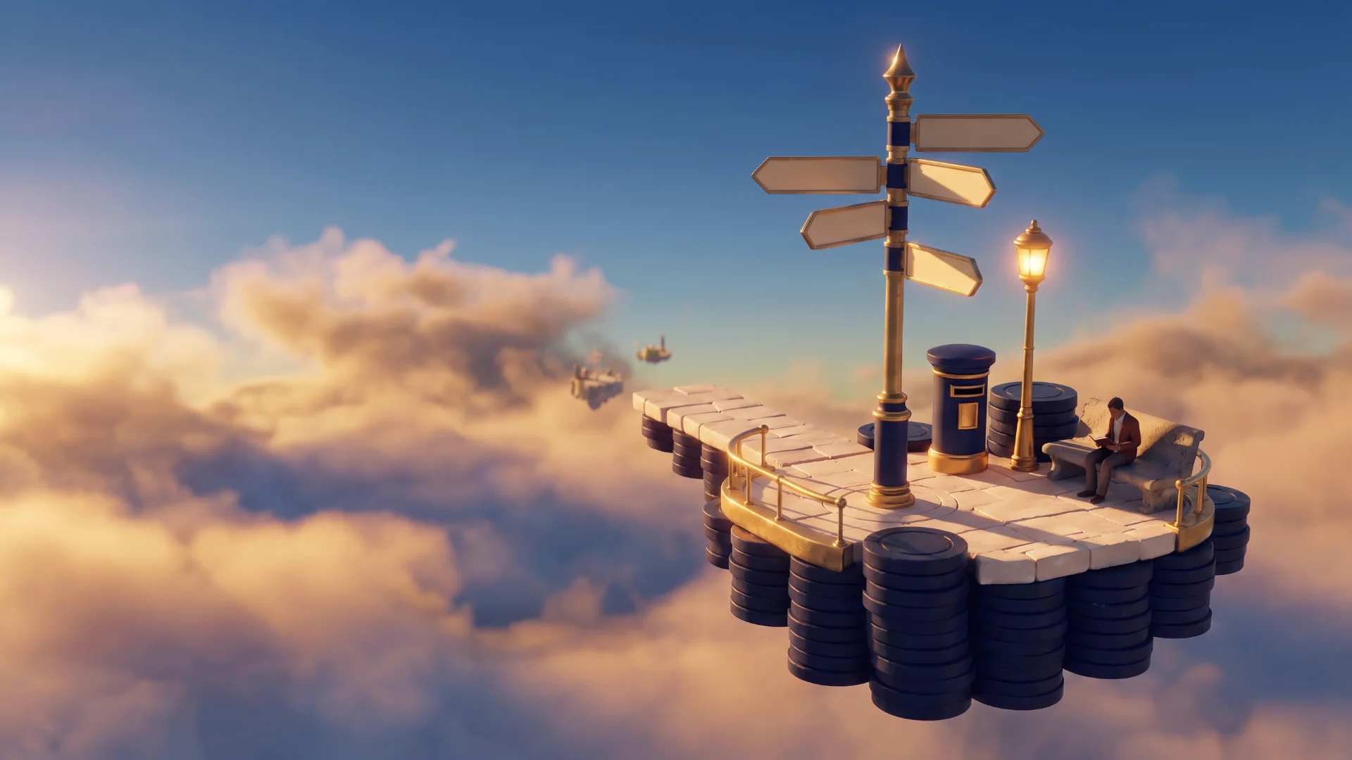 A small floating island with a signpost of five blank plaques, a post box, a lamp and someone reading on a bench.